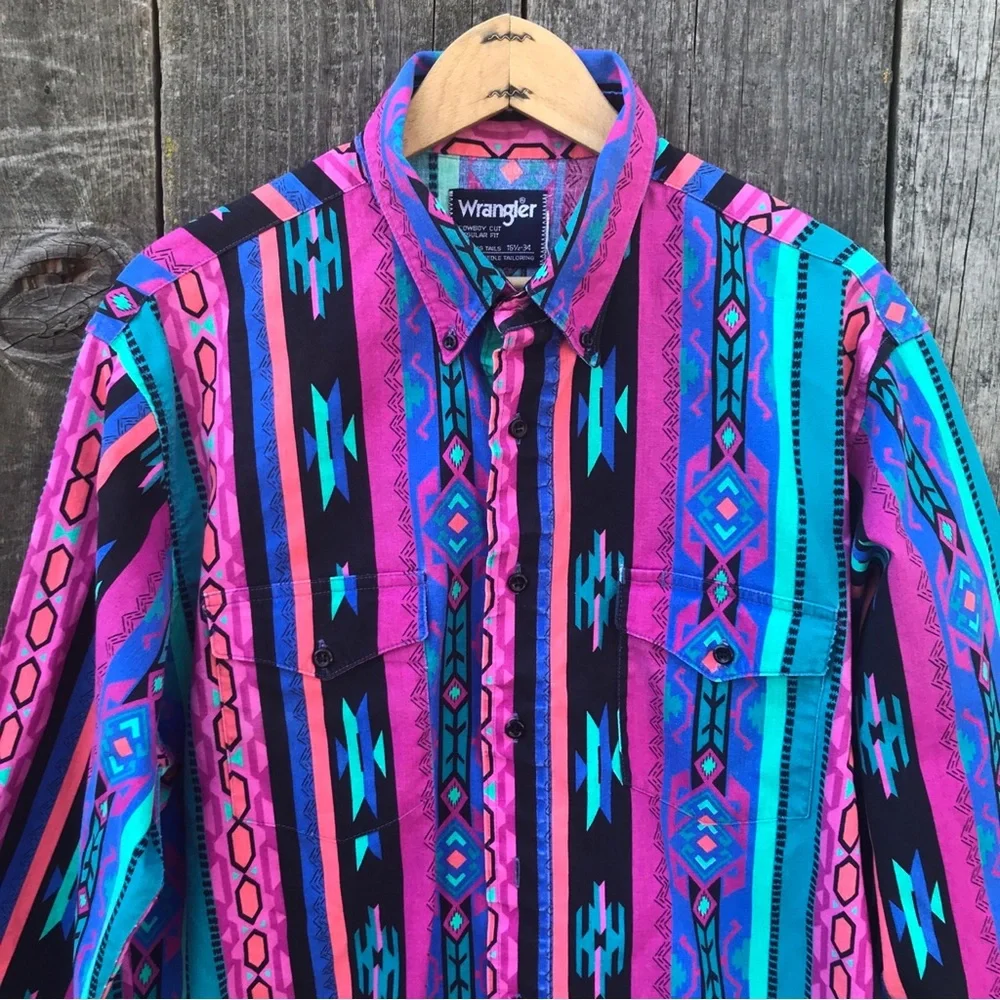 Vintage 90s Wrangler Southwest Aztec Navajo Print Cowboy Rodeo Shirt 16 1/2 - 34 - Picture 3 of 6
